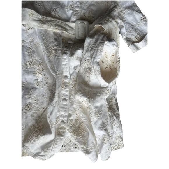 Solitaire Women Denim Dress S White Floral Belted Short Sleeve w/ Pockets - Picture 4 of 16